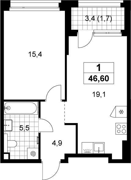 Планировка: Евродвушка 44,9 м² в ЖК «Хольм»