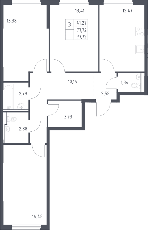 Планировка: 3-комнатная квартира 77,7 м² в ЖК «Пригород Лесное»