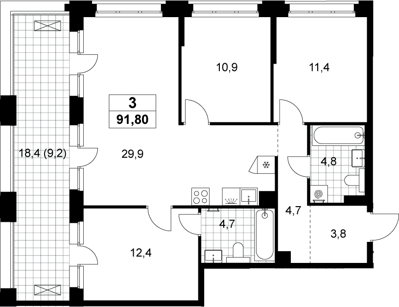 Планировка: Квартира евро-4 82,6 м² в ЖК «Хольм»