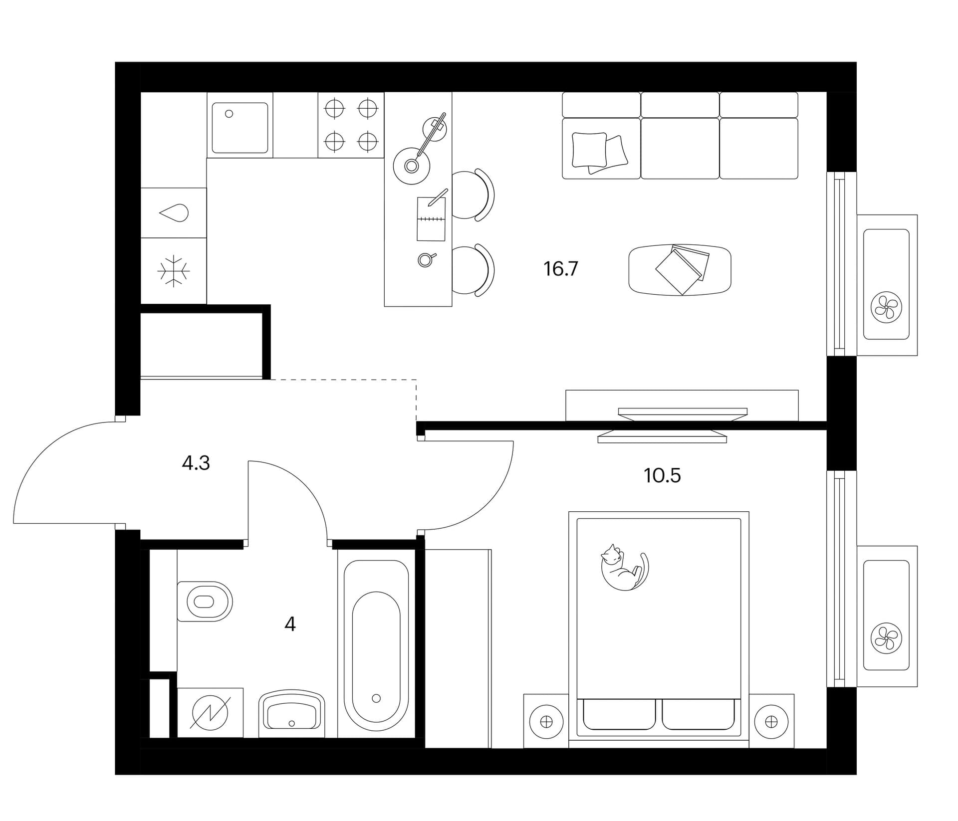 Планировка: 1-комнатная квартира 35,4 м² в ЖК «Белая Дача парк»