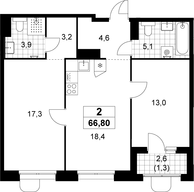 Планировка: Евротрёшка 65,5 м² в ЖК «Прокшино»