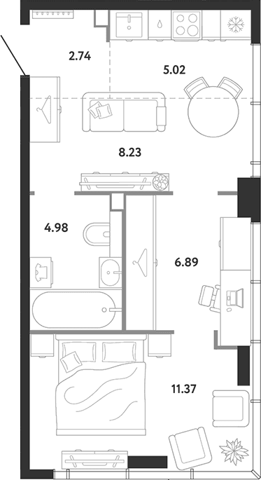 Планировка: 1-комнатная квартира 39,2 м² в ЖК «Ридж»