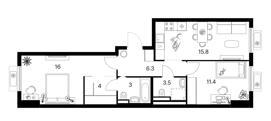 Планировка: 2-комнатная квартира 60 м² в ЖК «Белая Дача парк»
