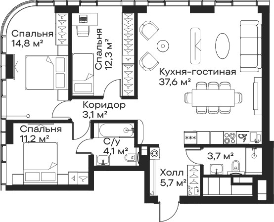 Планировка: Квартира евро-4 92,5 м² в ЖК «Сити Бэй»