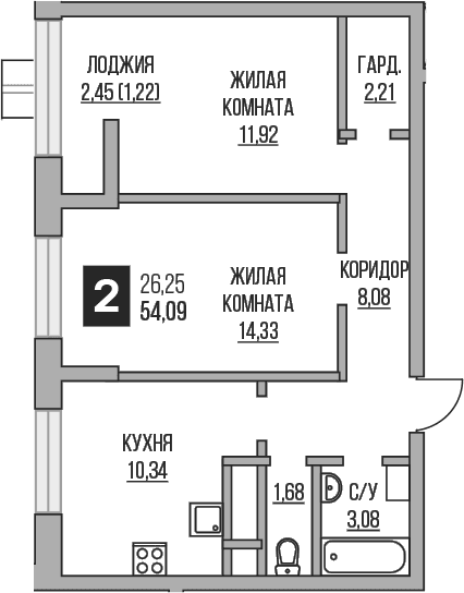 Планировка: 2-комнатная квартира 51,6 м² в ЖК «Гранель Пехра»