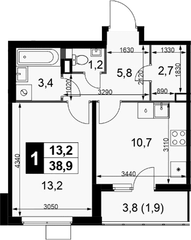 Планировка: 1-комнатная квартира 37 м² в ЖК «1-й Химкинский»