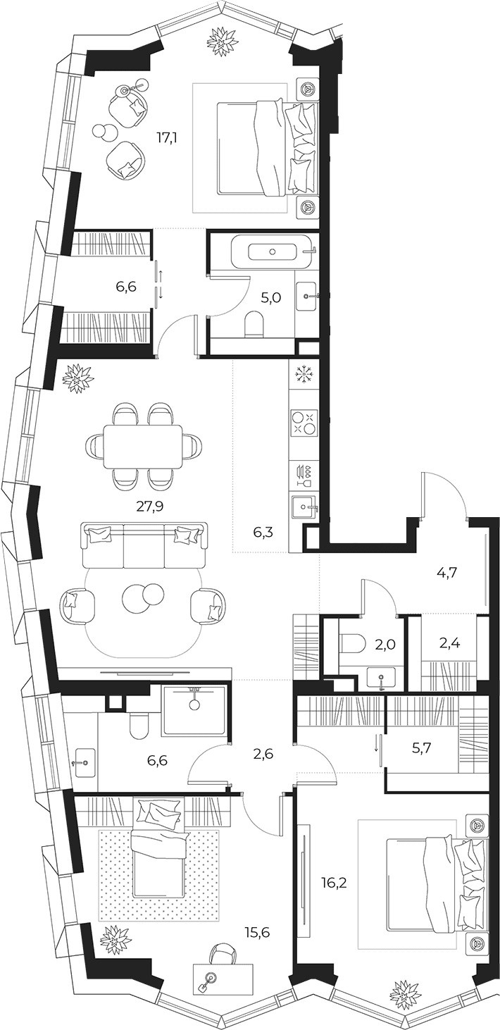 Планировка: Квартира евро-4 118,7 м² в ЖК «МАСТЕРС»
