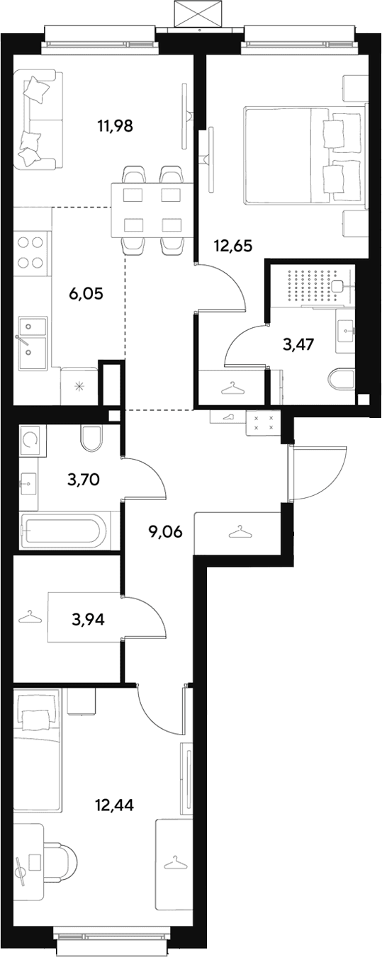 Планировка: Евротрёшка 63,3 м² в ЖК «ЭВО»