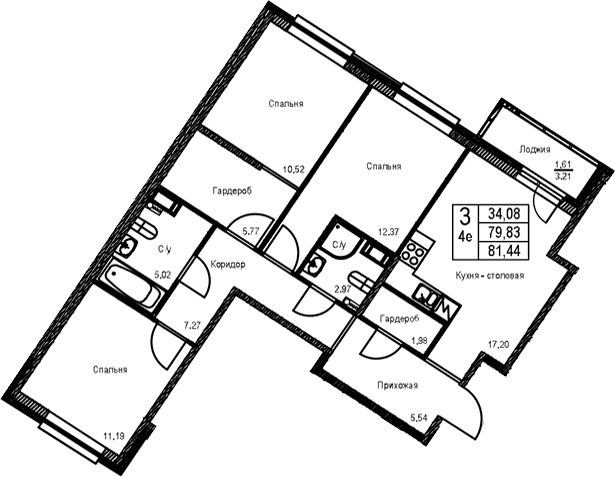 Планировка: Квартира евро-4 79,8 м² в ЖК «ID Kudrovo II»