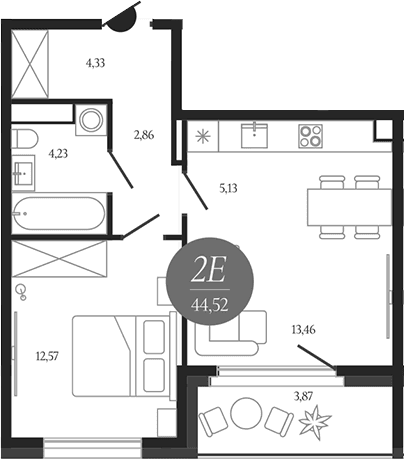Планировка: Евродвушка 42,6 м² в ЖК «Сердце Лыткарино»