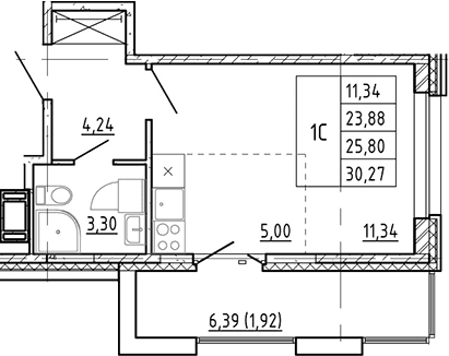 Планировка: Студия 23,7 м² в ЖК «Полис Новоселье»
