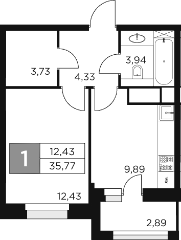 Планировка: 1-комнатная квартира 34,3 м² в ЖК «Восток 2»