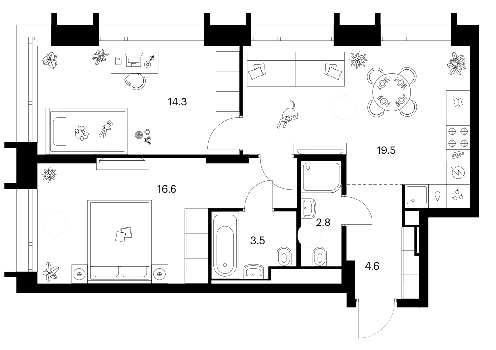 Планировка: 2-комнатная квартира 61,3 м² в ЖК «Зеленый парк»