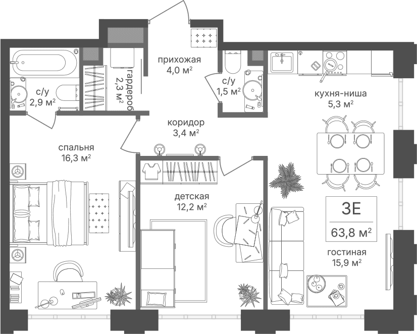 Планировка: Евротрёшка 63,8 м² в ЖК «Михалковский»