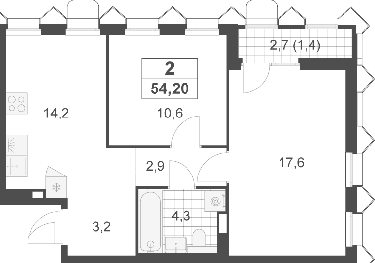 Планировка: 2-комнатная квартира 52,8 м² в ЖК «Деснаречье»