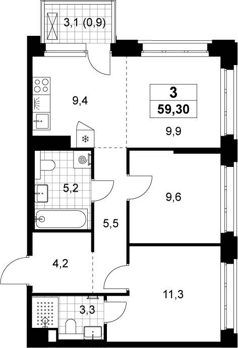 Планировка: Евротрёшка 58,4 м² в ЖК «Хольм»