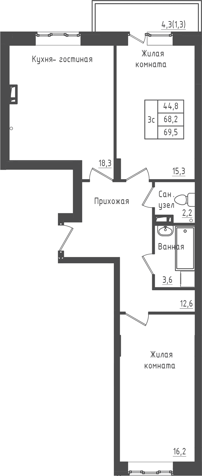 Планировка: 2-комнатная квартира 68,2 м² в ЖК «Зеленый город»