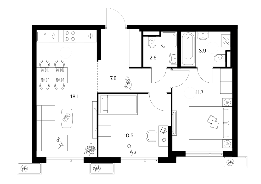 Планировка: 2-комнатная квартира 54,6 м² в ЖК «Белая Дача парк»