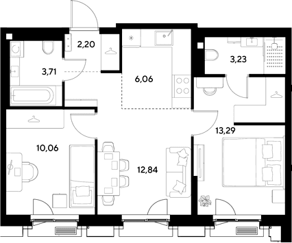 Планировка: Евротрёшка 51,4 м² в ЖК «ЭВО»
