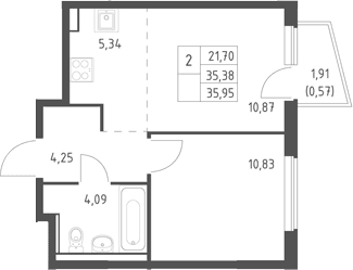 Планировка: Евродвушка 35,4 м² в ЖК «Егорово парк»