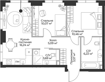 Планировка: Евротрёшка 55,3 м² в ЖК «Гранд Фили»