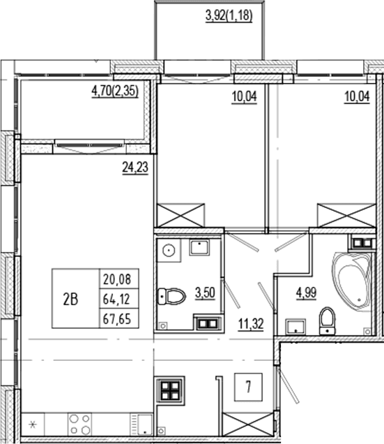 Планировка: Евротрёшка 64,1 м² в ЖК «Ranta Residence»