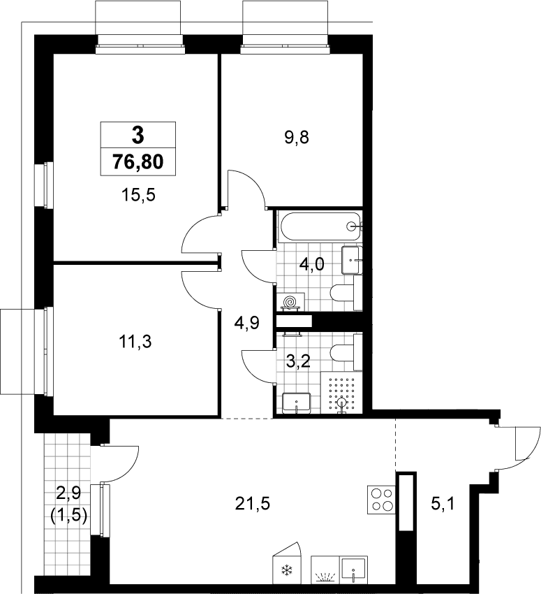 Планировка: Квартира евро-4 75,3 м² в ЖК «Деснаречье»