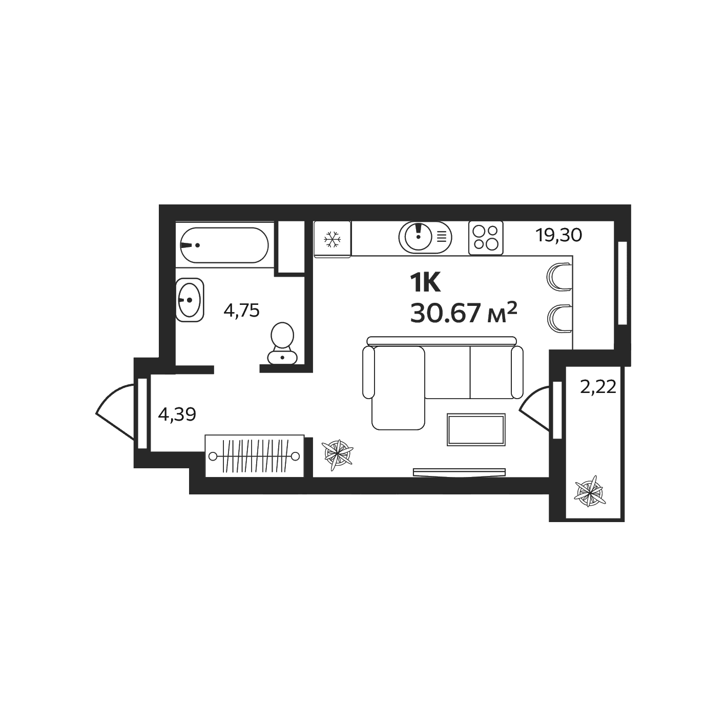 Планировка: Студия 28,5 м² в ЖК «Эдельвейс. Янино»