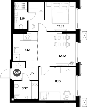 Планировка: Евротрёшка 52,8 м² в ЖК «ЭВО»