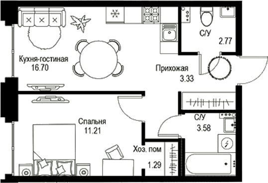 Планировка: Евродвушка 38,9 м² в ЖК «ID Petrogradskaya»
