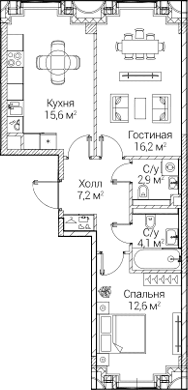 Планировка: 2-комнатная квартира 58,3 м² в ЖК «СЕЗАР БУДУЩЕЕ»