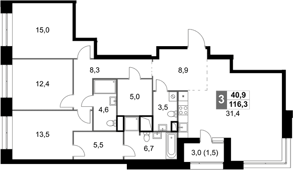 3-комнатная квартира