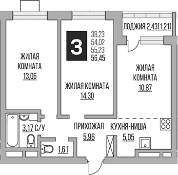 Планировка: Евротрёшка 54 м² в ЖК «Гранель Ильинойс»