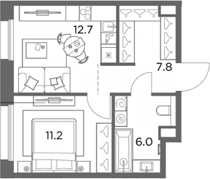 Планировка: 1-комнатная квартира 37,7 м² в ЖК «Станиславский»
