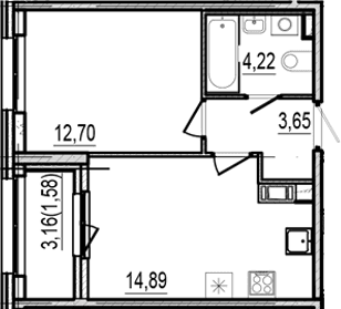 Планировка: 1-комнатная квартира 35,5 м² в ЖК «Оптимист»