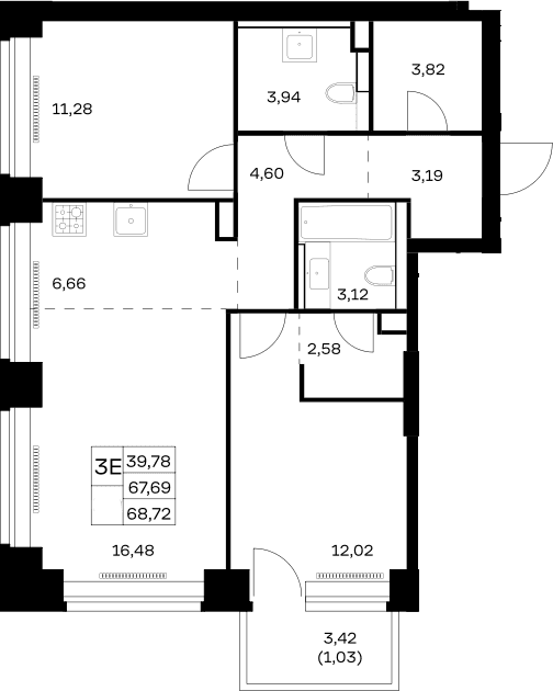 Планировка: Евротрёшка 67,7 м² в ЖК «НОВА»