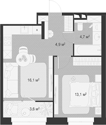 Планировка: Евродвушка 38,8 м² в ЖК «Гранд Комфорт 3»
