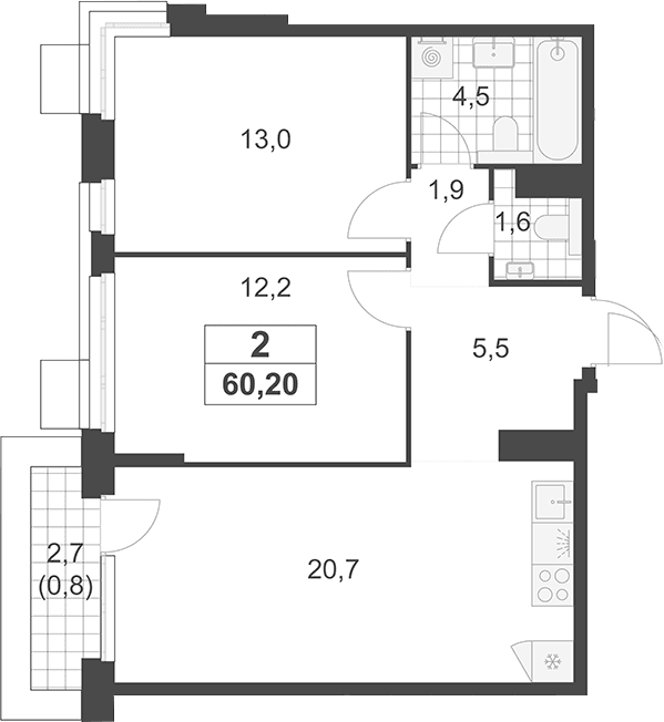 Планировка: Евротрёшка 59,4 м² в ЖК «Южные сады»