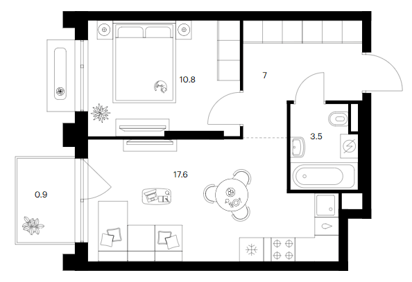 Планировка: 1-комнатная квартира 38,9 м² в ЖК «Зеленый парк»