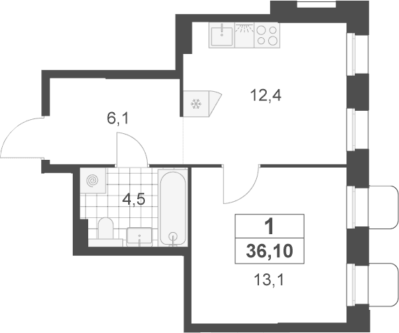 Планировка: 1-комнатная квартира 36,1 м² в ЖК «Деснаречье»