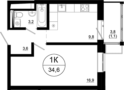 Планировка: 1-комнатная квартира 33,5 м² в ЖК «Союзный»