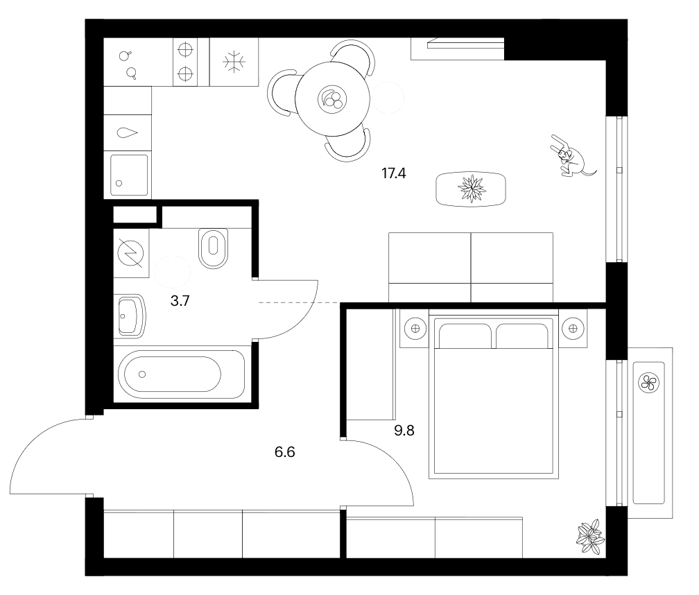 Планировка: 1-комнатная квартира 37,5 м² в ЖК «Белая Дача парк»