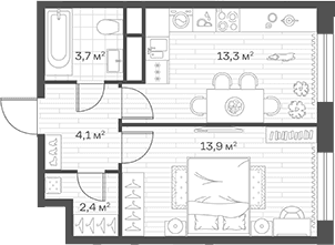 Планировка: 1-комнатная квартира 37,4 м² в ЖК «Аристов Берег»
