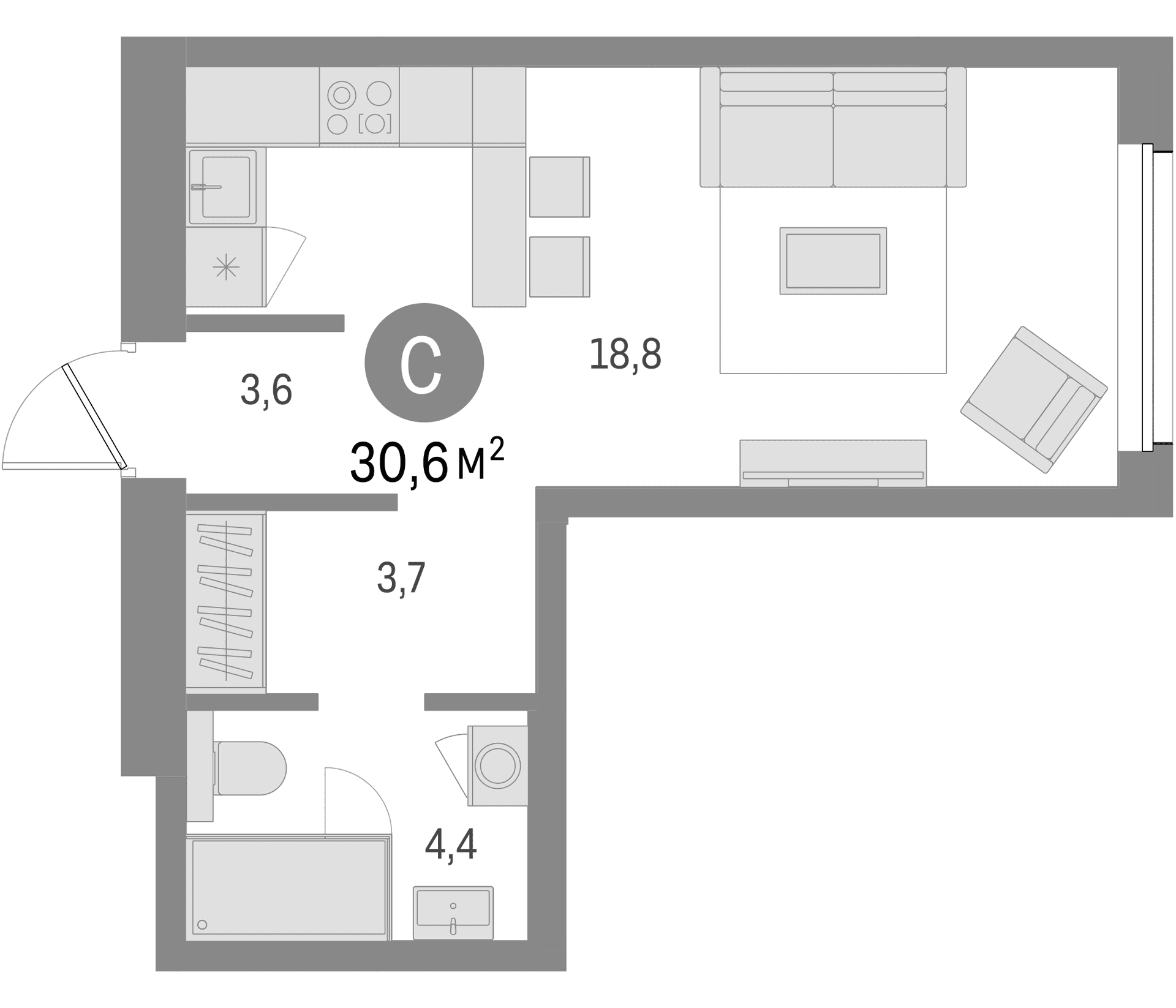 Планировка: Студия 30,6 м² в ЖК «Северный ветер»