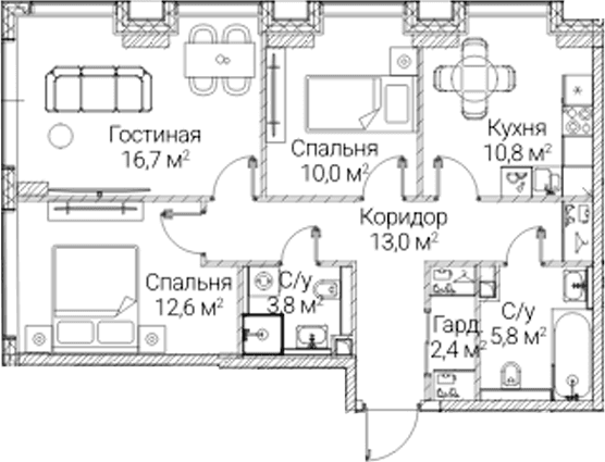 Планировка: 3-комнатная квартира 75,1 м² в ЖК «СЕЗАР БУДУЩЕЕ»