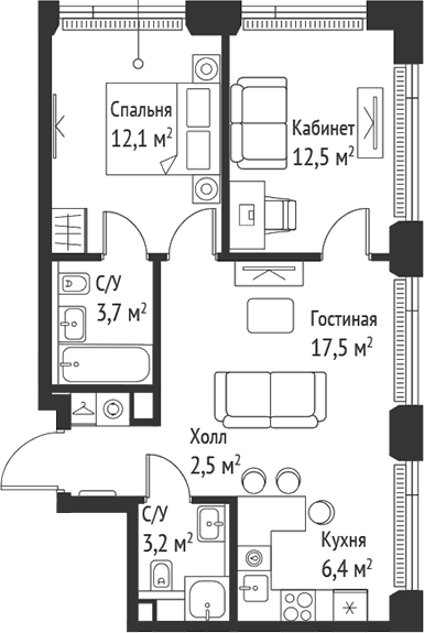 Планировка: Евротрёшка 58,3 м² в ЖК «СЕТ»