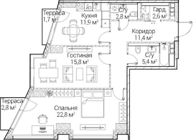Планировка: 2-комнатная квартира 68,9 м² в ЖК «СЕЗАР БУДУЩЕЕ»
