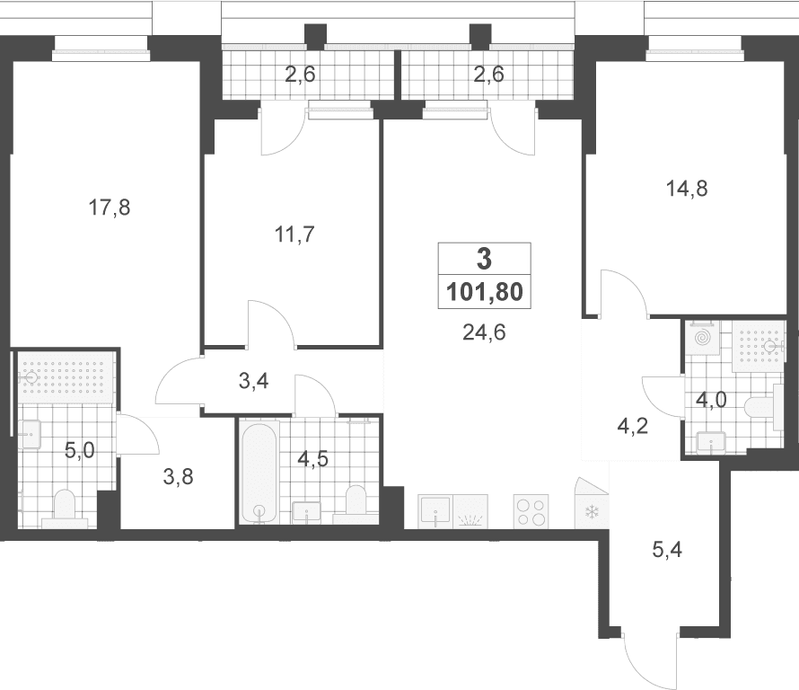 Планировка: Квартира евро-4 99,2 м² в ЖК «Деснаречье»