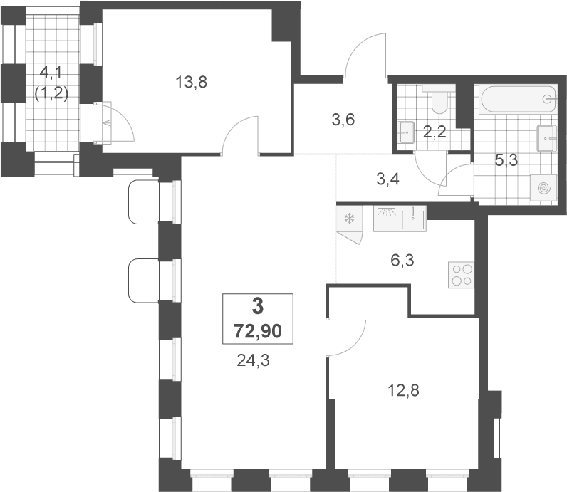 Планировка: Евротрёшка 71,7 м² в ЖК «Деснаречье»