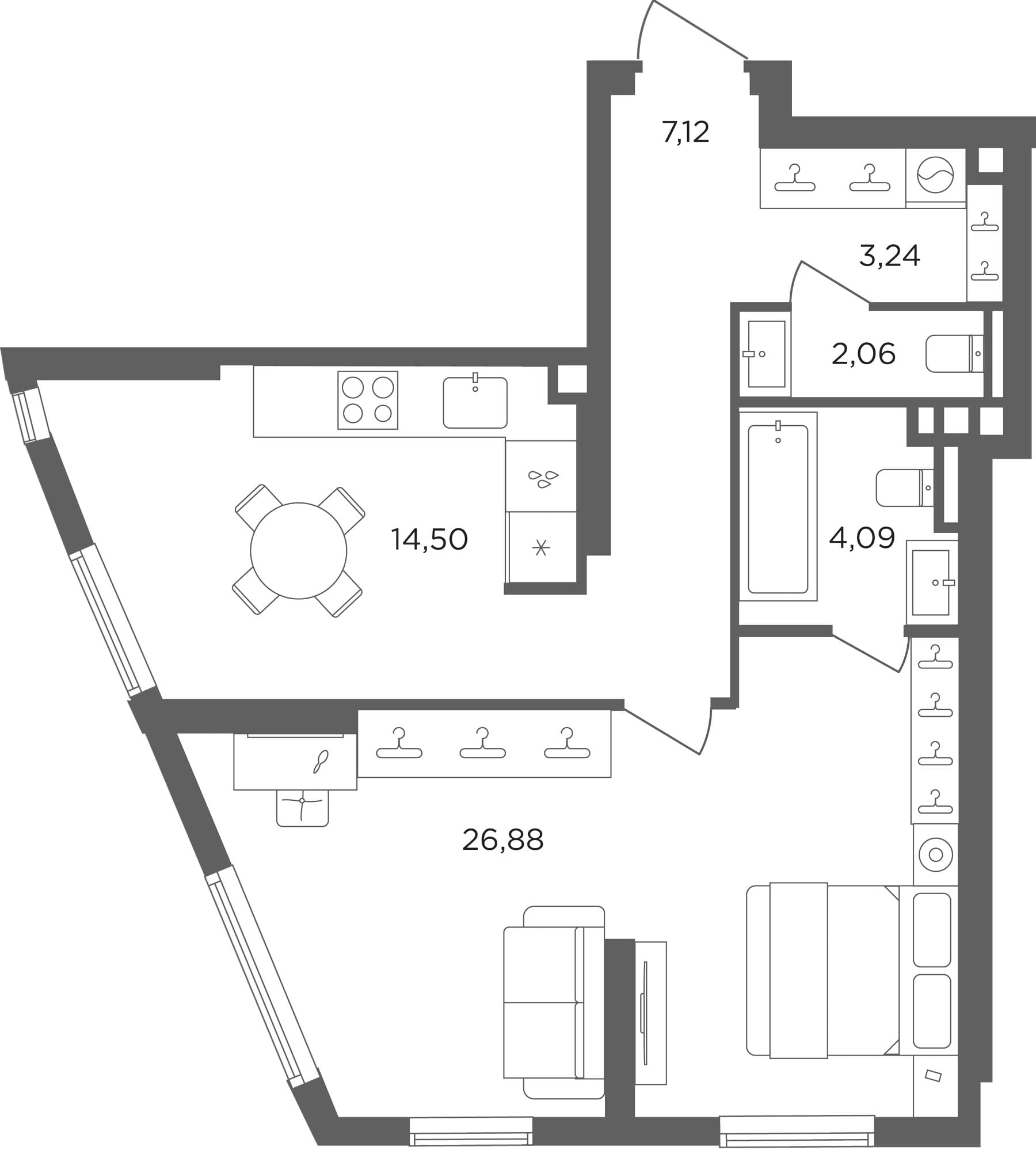 Планировка: 1-комнатная квартира 57,9 м² в ЖК «Сикрет Гарден»
